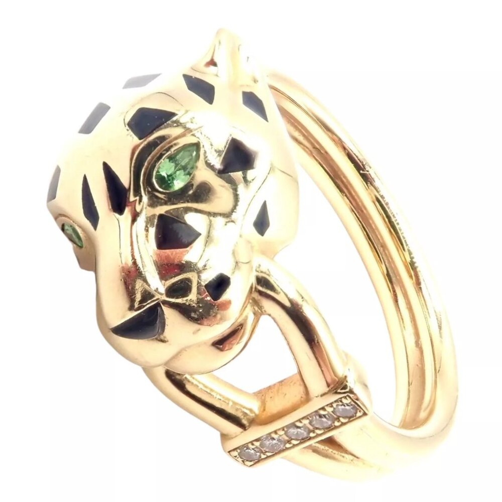 Authentic! Cartier Panther Panthere 18k Gold Diamond Lacquer Tsavorite Ring Cert